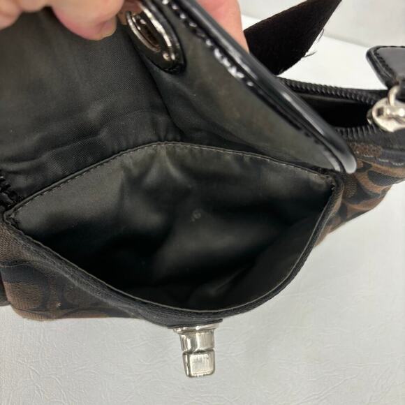 Coach Signature Canvas Small Crossbody Bag Brown Black Zip Top Twist Lock Pocket - Picture 3 of 9